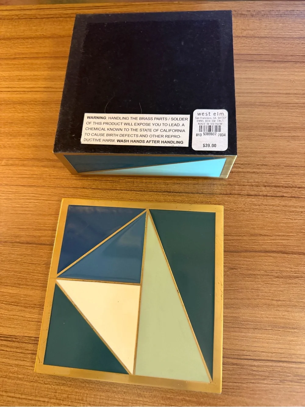 West Elm Enameled Brass Geometric Decorative Keepsake Box Small Cobalt / Sage